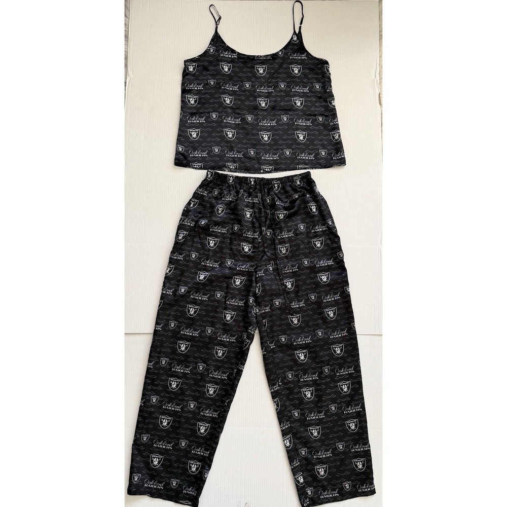 Oakland Raiders NFL For Her Satin Pajama Set XL Black Cami Top Pants Sleepwear